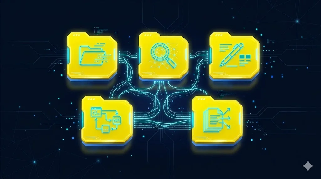 Claude Code の基本5コマンドを表す体系的なイメージ